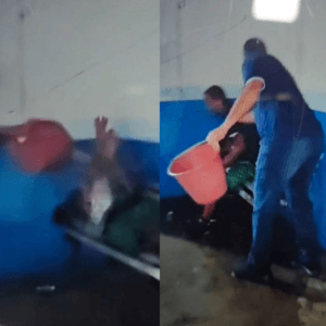 Funcionário terceirizado flagrado jogando água em homem em frente a hospital de Ji-Paraná