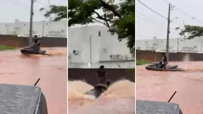 Morador de Araguaína usa moto aquática em ruas alagadas após forte chuva